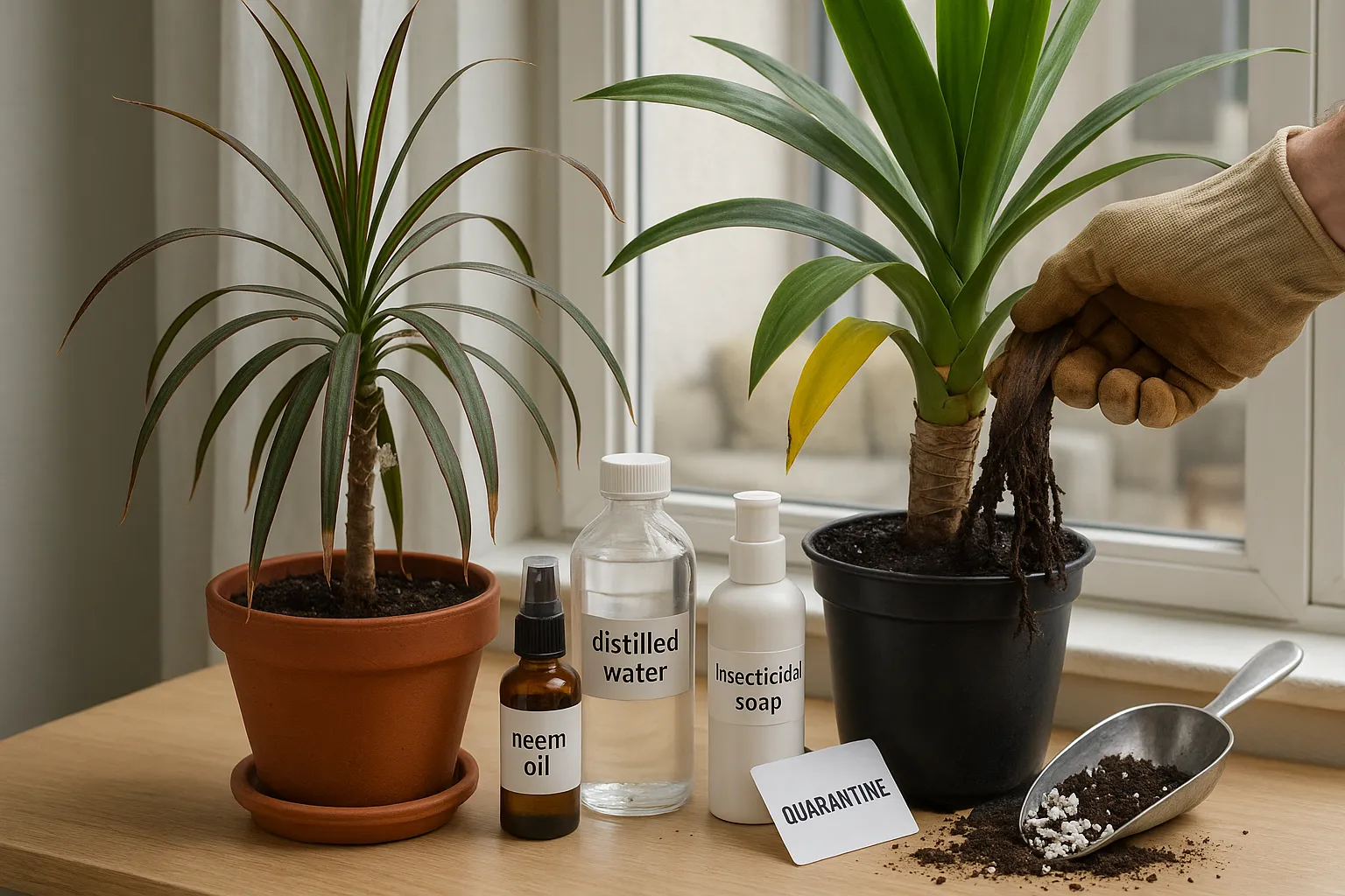 Dracaena with browned tips and pests beside a yellowing, overwatered Yucca.
