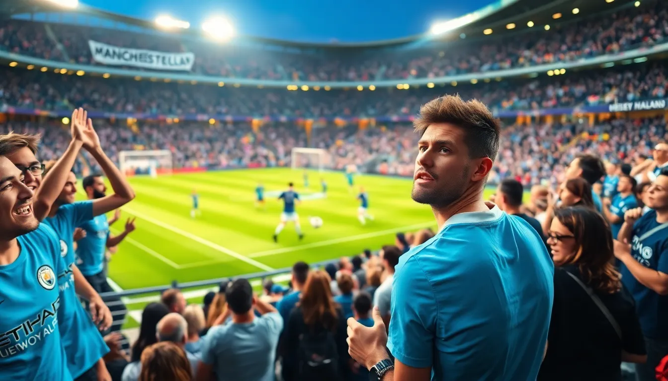 fans cheering at a thrilling football match in a packed stadium.