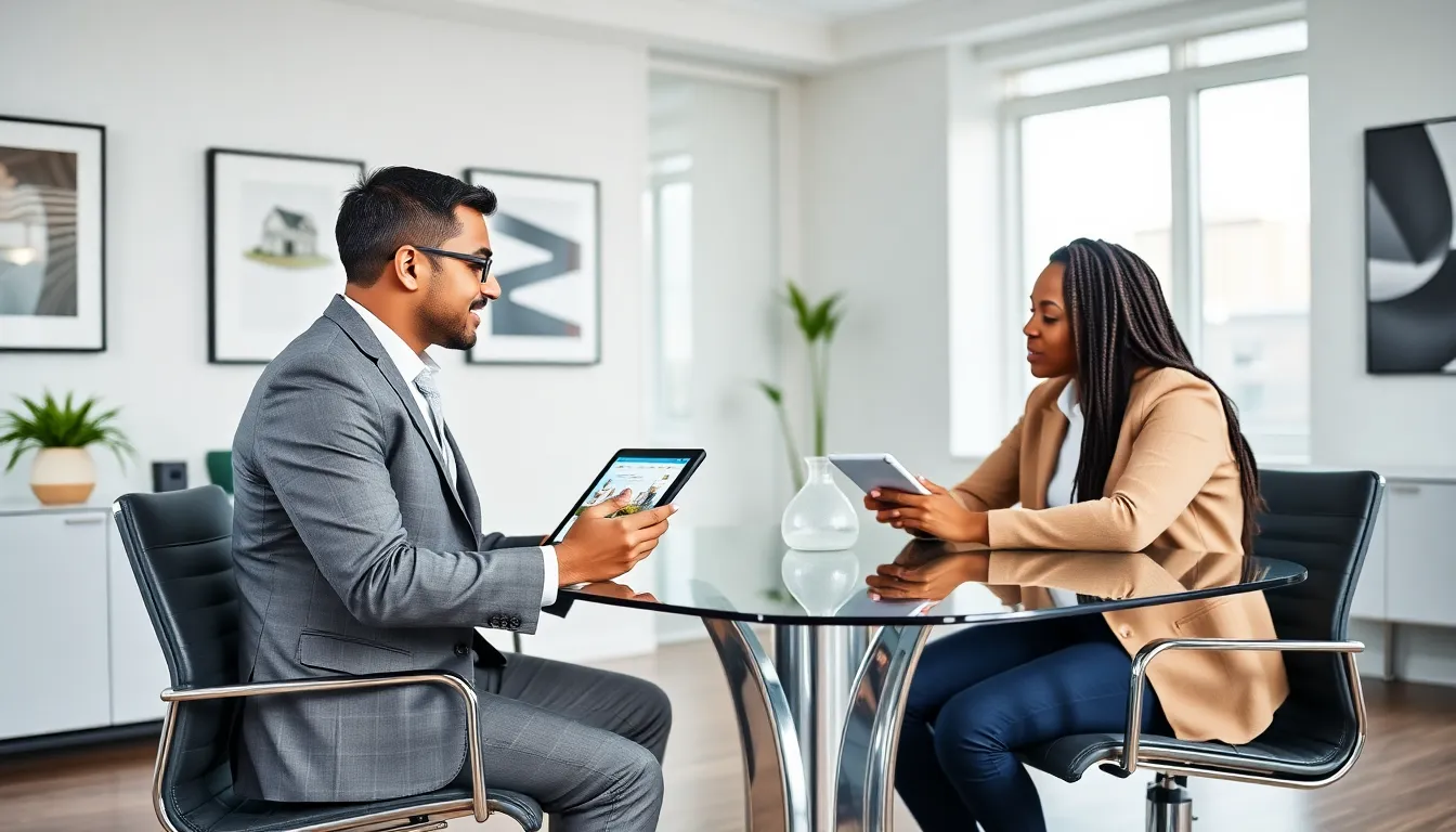 Real estate agent Timothy discussing with clients in a modern office.