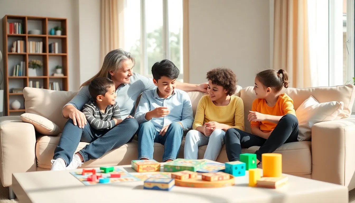 family discussing in a cozy living room setting.