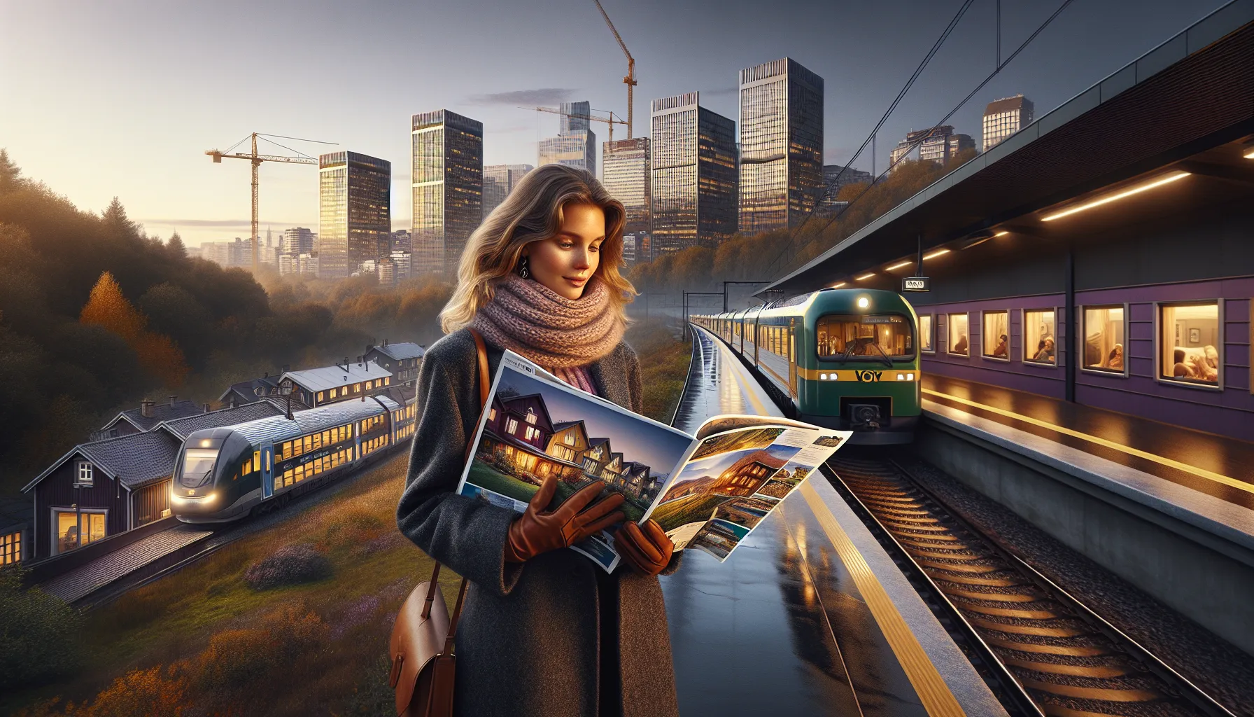 Young woman at oslo platform compares city flat and suburban house options.