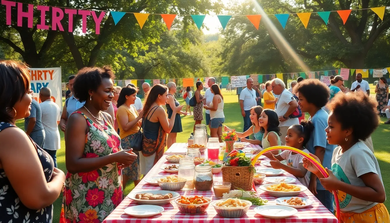 a joyful community gathering with diverse people enjoying homemade food and games.