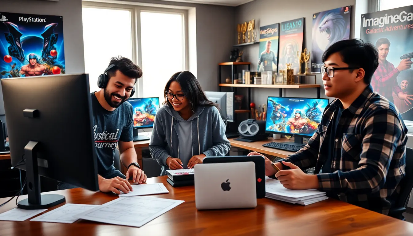 a diverse group of game developers collaborating in a creative workspace.