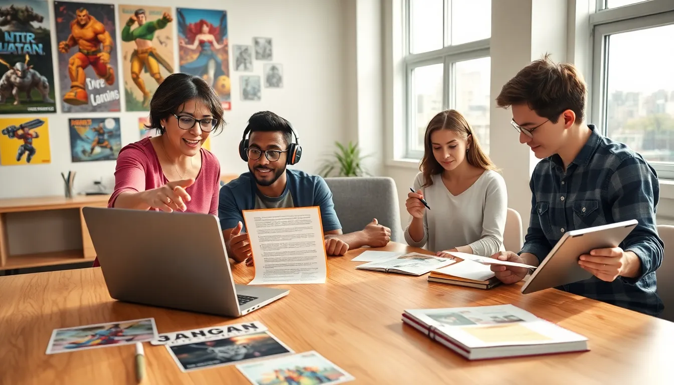 a diverse team of game developers collaborating in a bright office.
