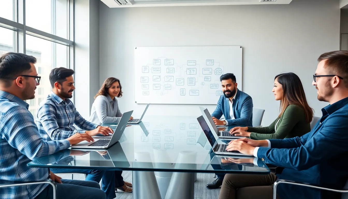 diverse team collaborating on application development in modern office.