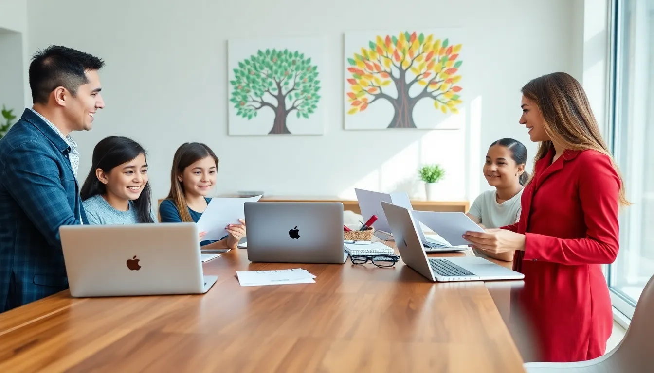 diverse family discussing financial planning around a wooden table.