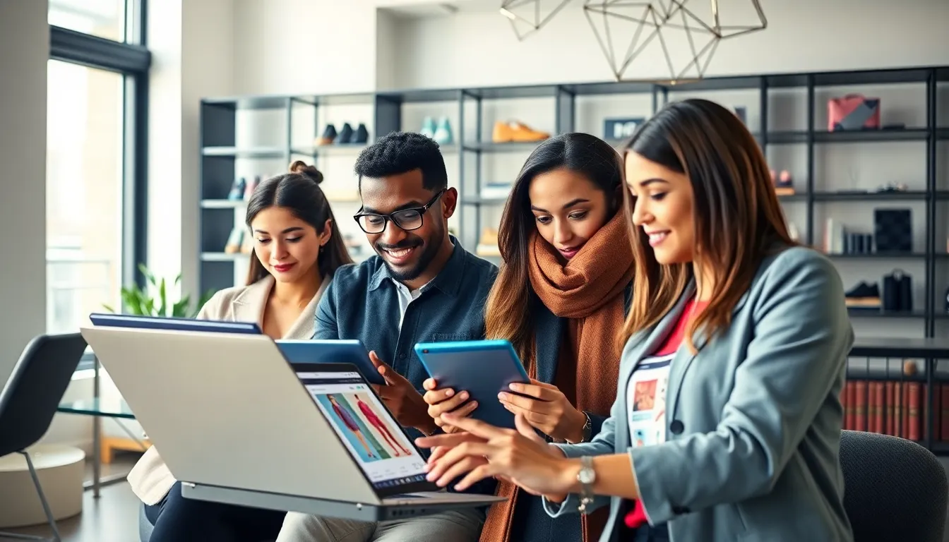 diverse team engaging in online shopping at a modern workspace.