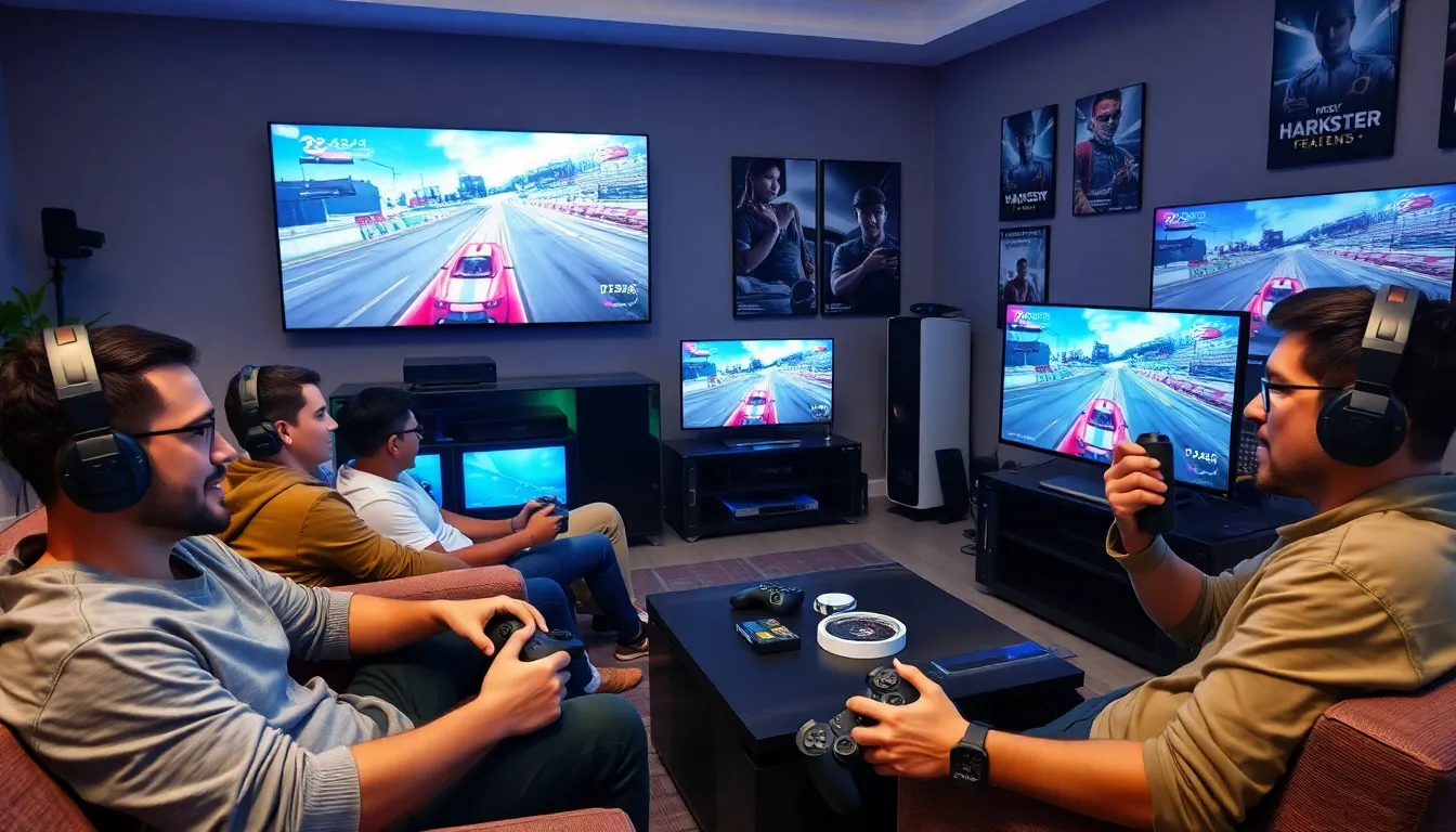 diverse group of gamers playing racing games in a modern living room.