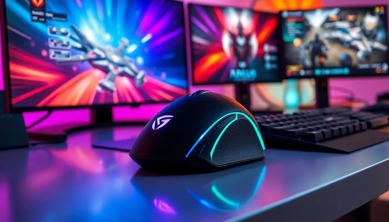 Asus gaming mouse on a modern gaming desk with RGB lighting.