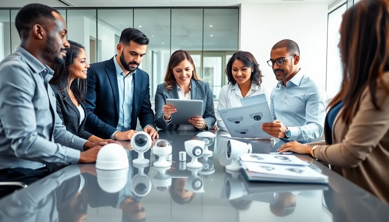 diverse team discussing security camera installation in a modern office.
