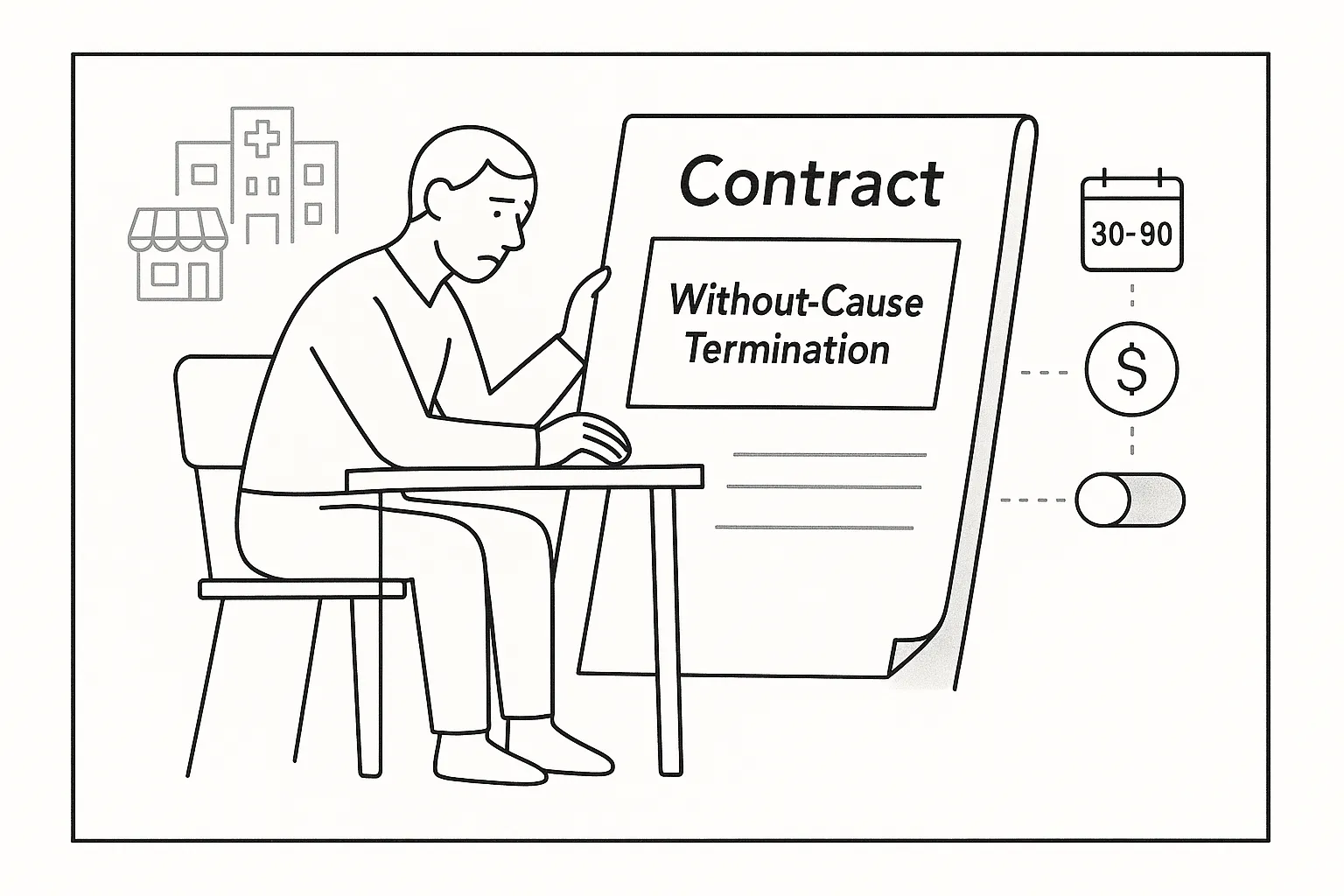 PA reviewing a contract page labeled without‑cause termination, with icons for consequences.