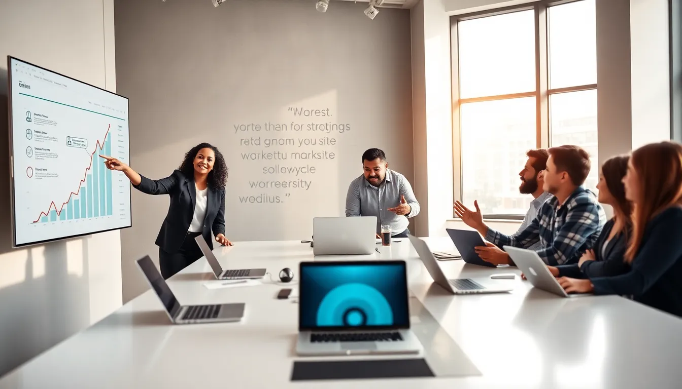 diverse marketing team discussing digital strategies in a modern office.