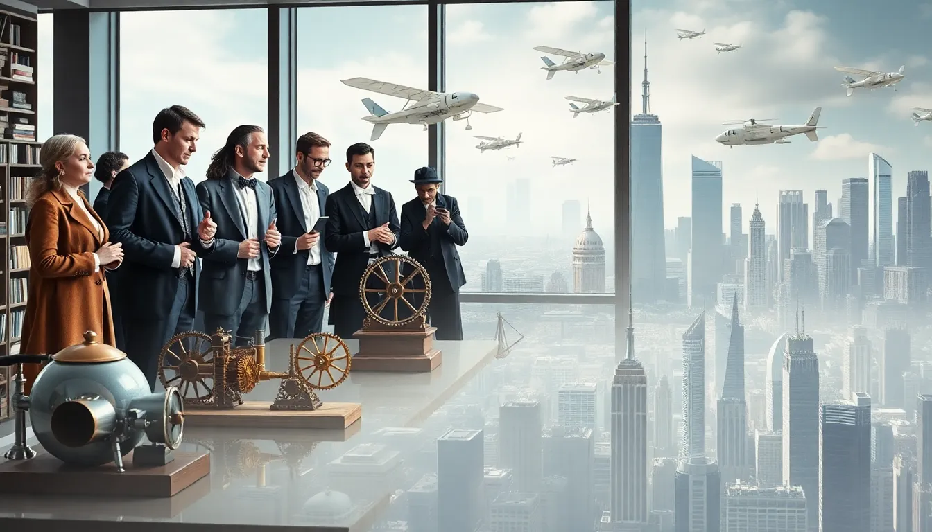 diverse scholars discussing 1800s future predictions in a modern workspace.