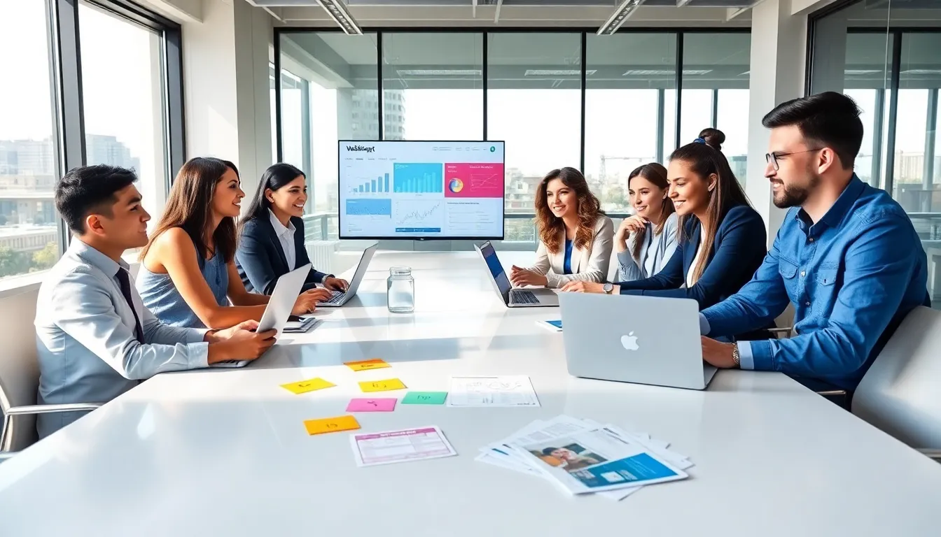 professionals collaborating in a modern office around WebBizMagnet software.