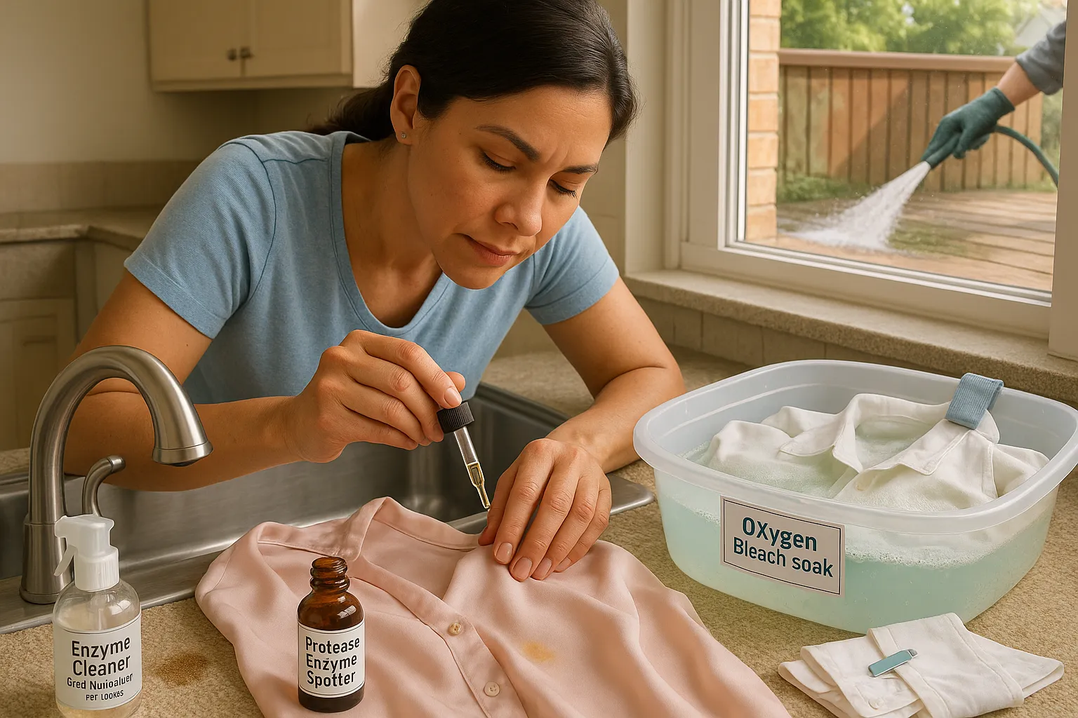 Woman spot-treating silk with enzyme, white shirt soaking in oxygen bleach.