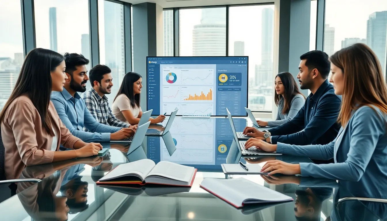 diverse freelancers collaborating on time tracking in a modern office.