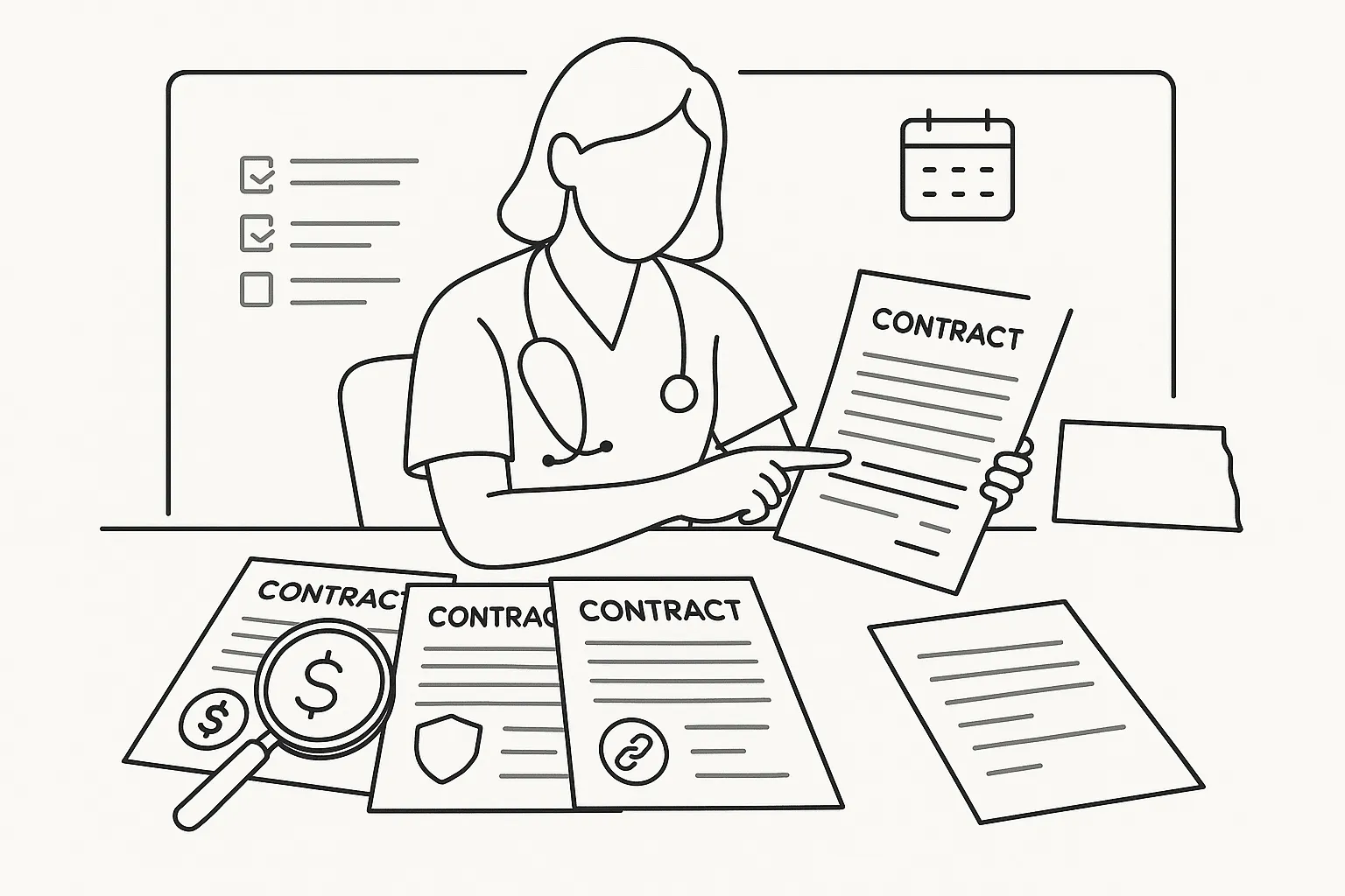 Nurse practitioner at desk reviewing a contract with icons and a North Dakota map.