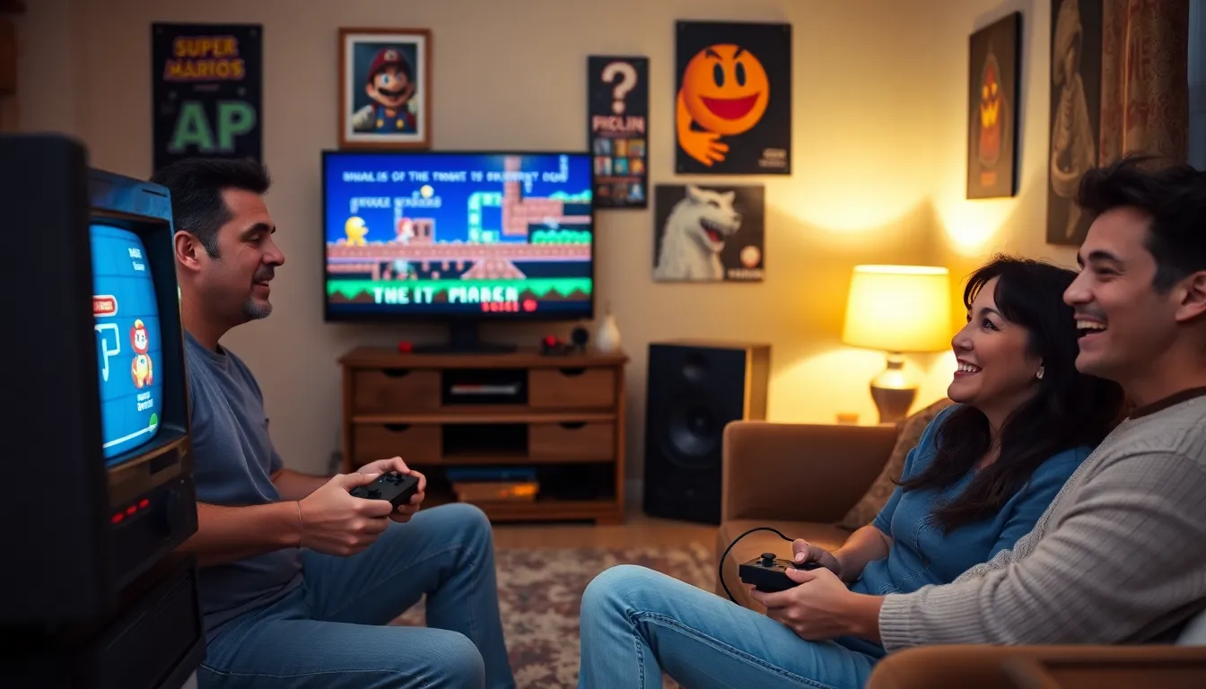 group playing classic games in a nostalgic living room.