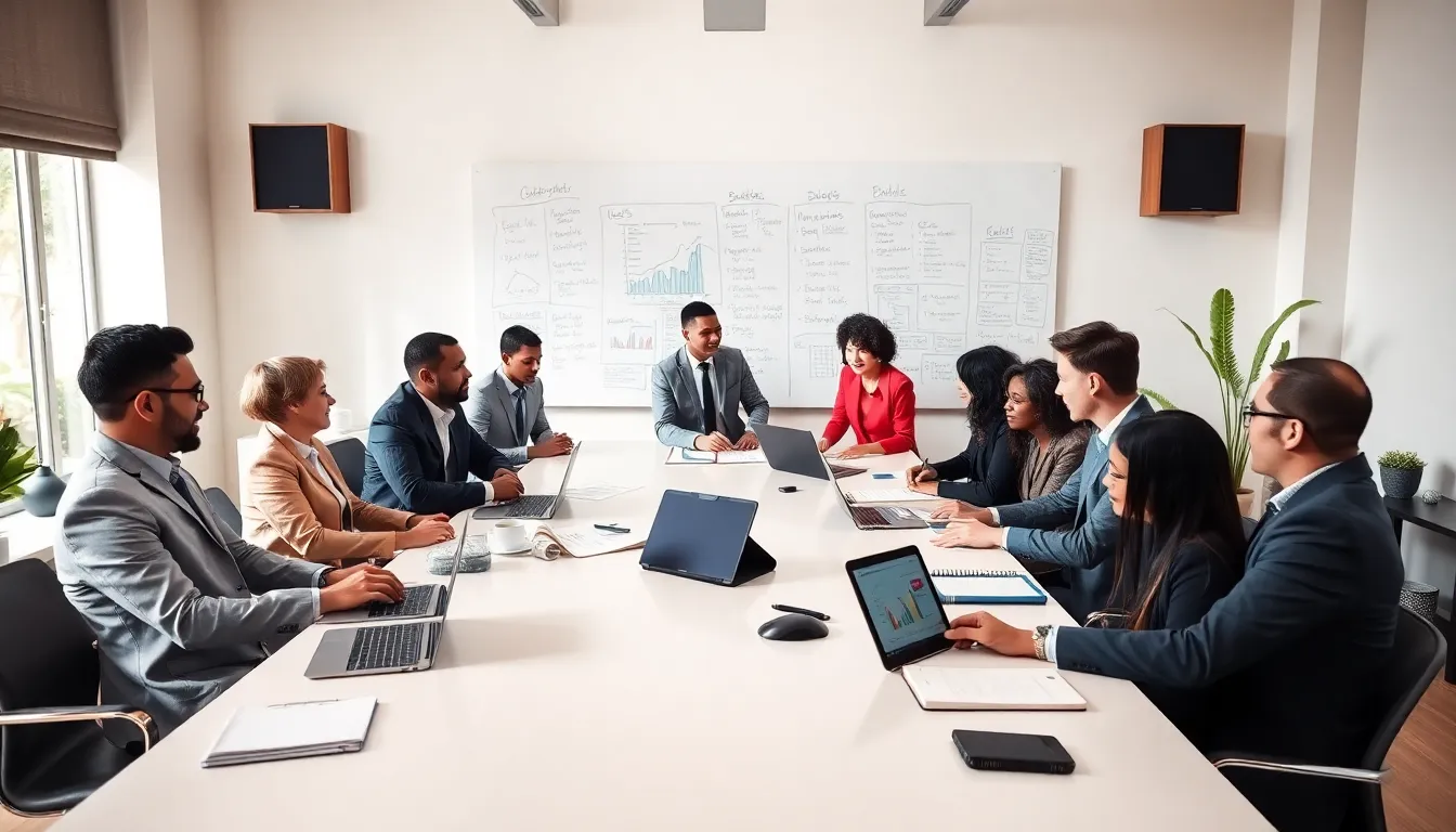 diverse team discussing editorial ideas in a modern office.
