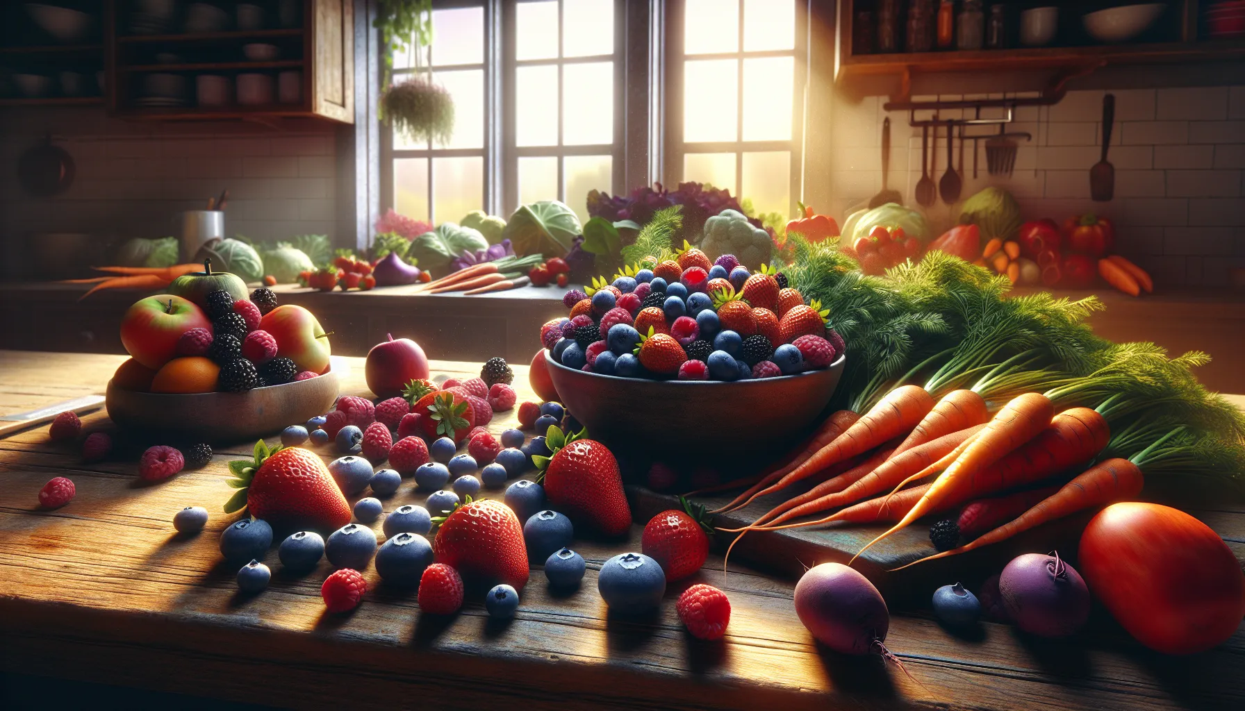 a colorful display of fruits and vegetables on a kitchen countertop.