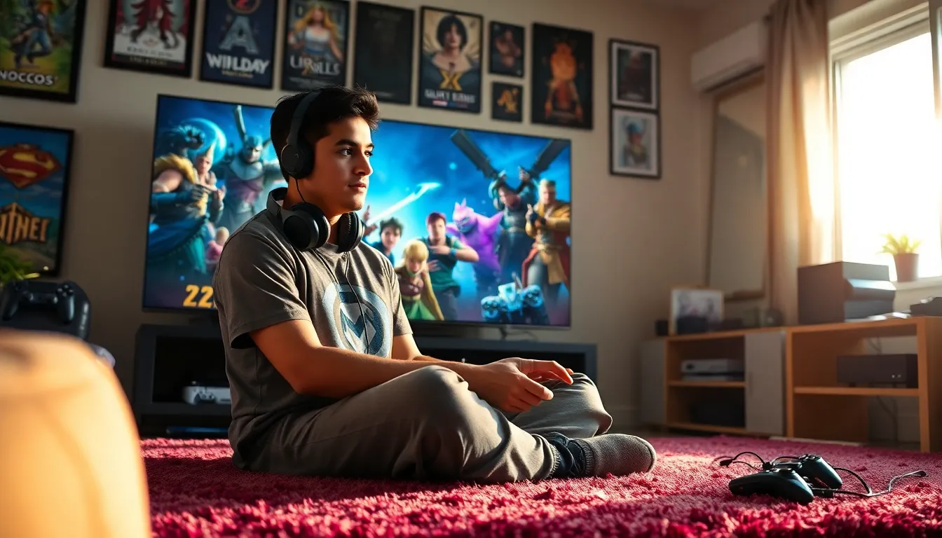 a young man gaming in a lively living room, showcasing his passion for gaming.