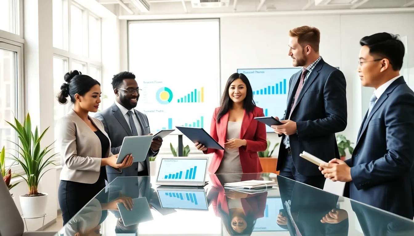 diverse team discussing personal finance in a modern office.
