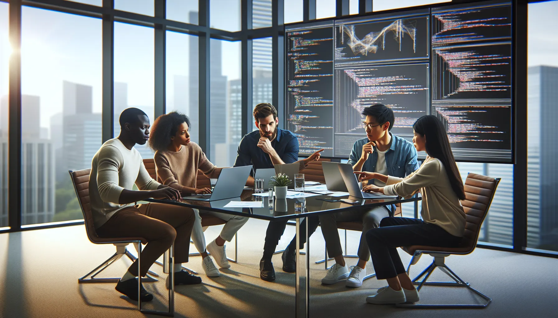 diverse team discussing a Python software issue in a modern office.