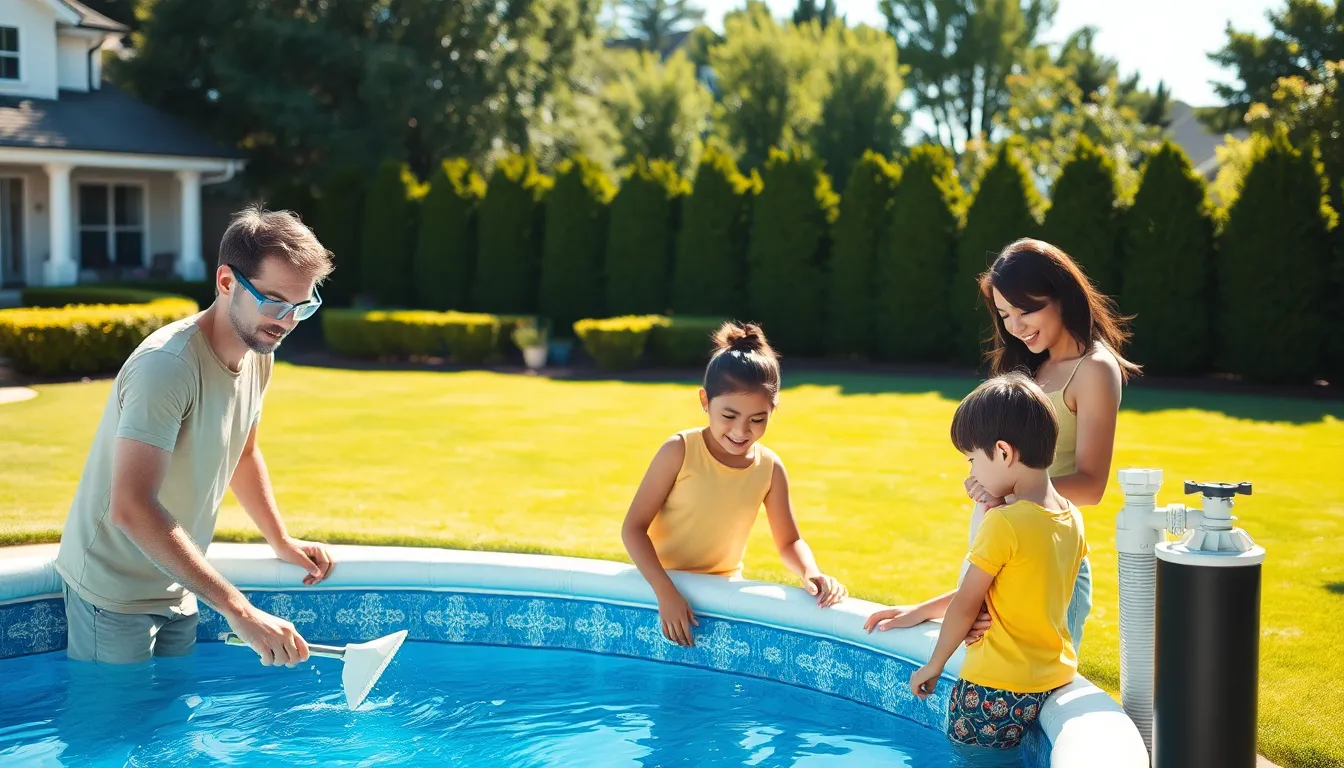 family maintaining an above ground pool in a sunlit backyard.