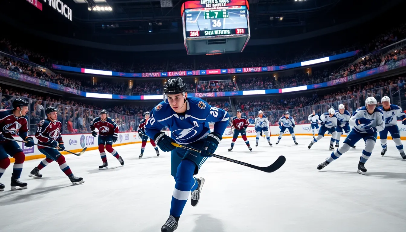 a hockey match featuring the Colorado Avalanche and Tampa Bay Lightning with fans cheering.