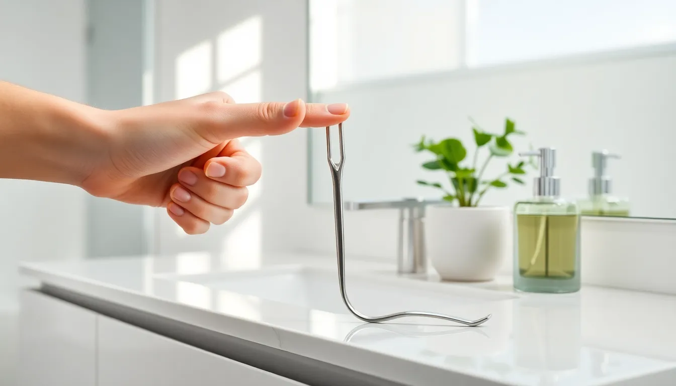 stainless steel tongue scraper on a modern bathroom vanity.