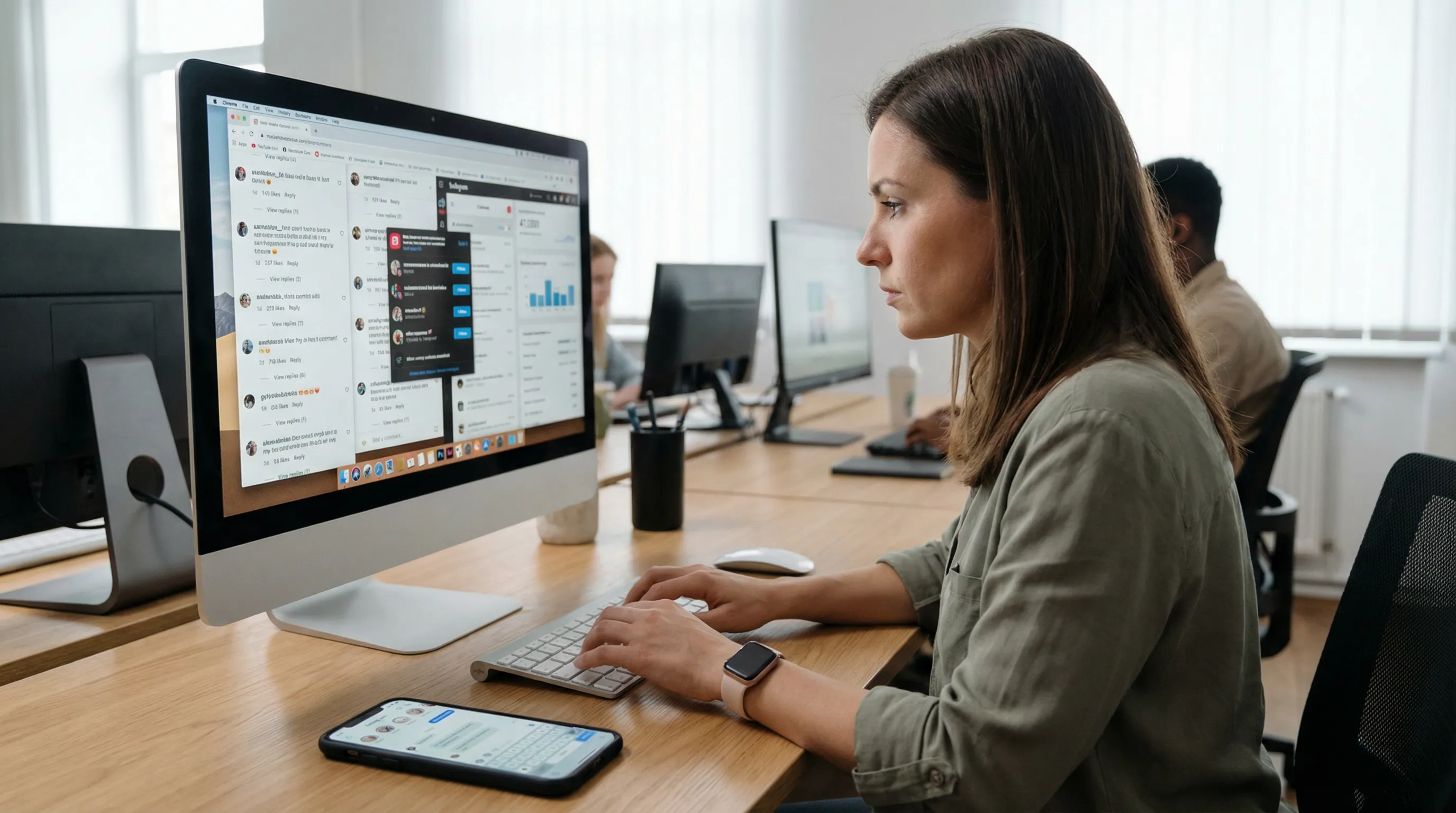 Social media specialist responding to comments and direct messages on multiple devices in real time.