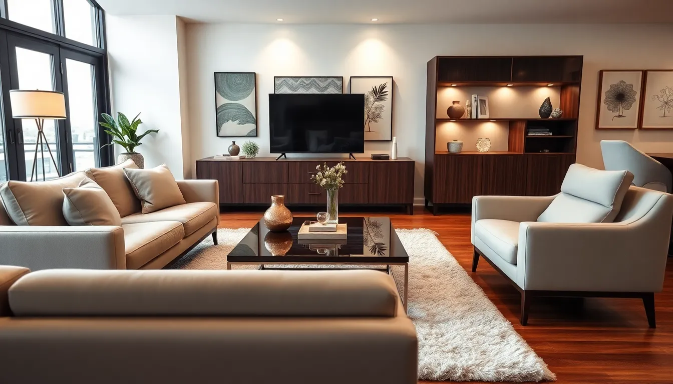 modern living room with cohesive furniture set.