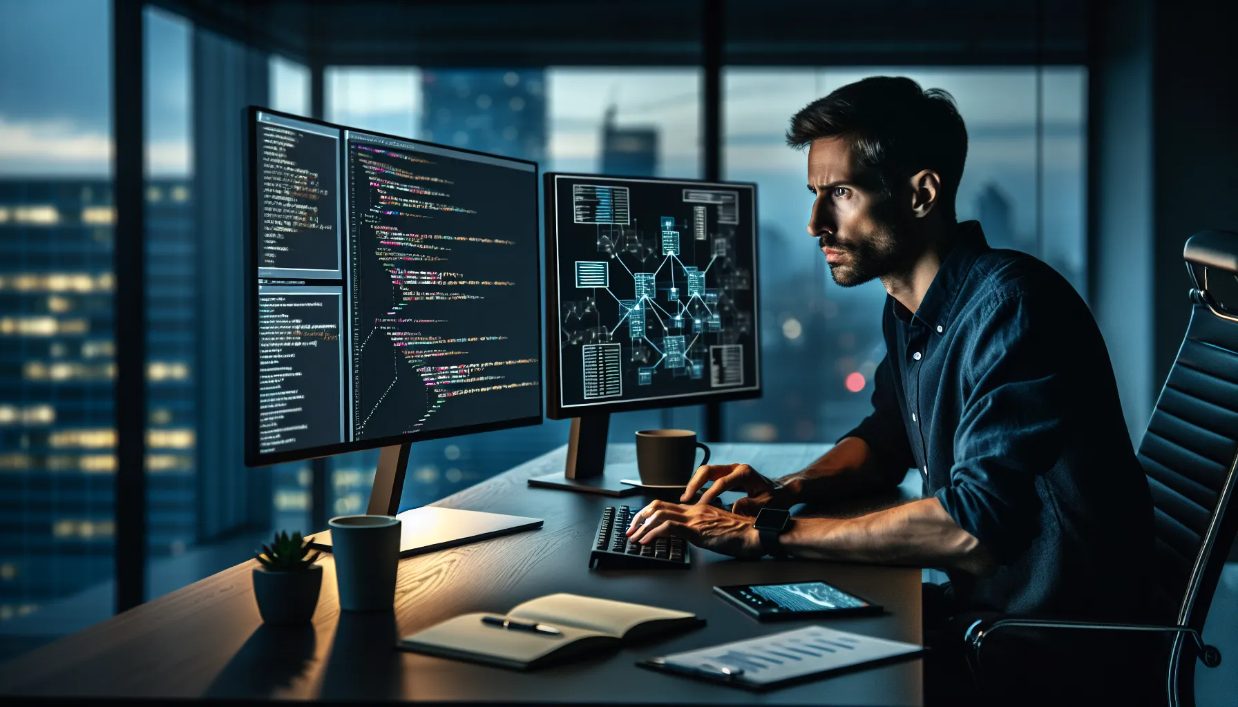Cybersecurity expert analyzing smart contract code on dual monitors in modern office.