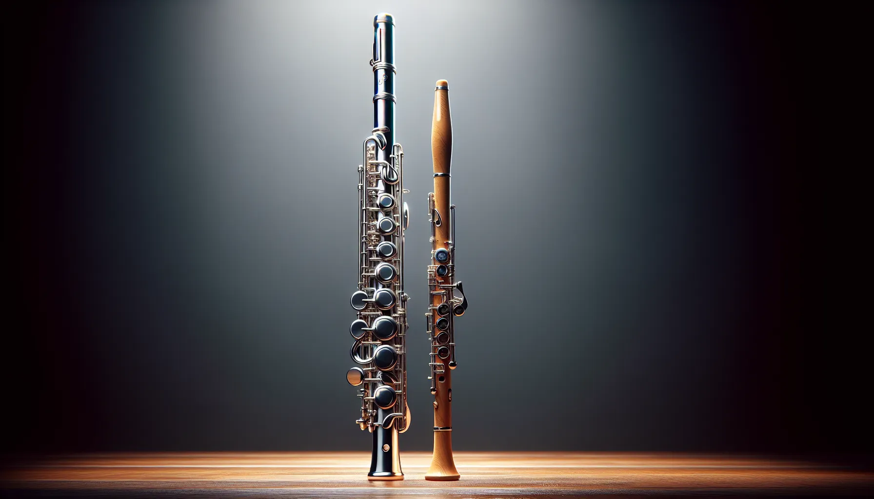 A flute and a piccolo placed side by side on a wooden table.