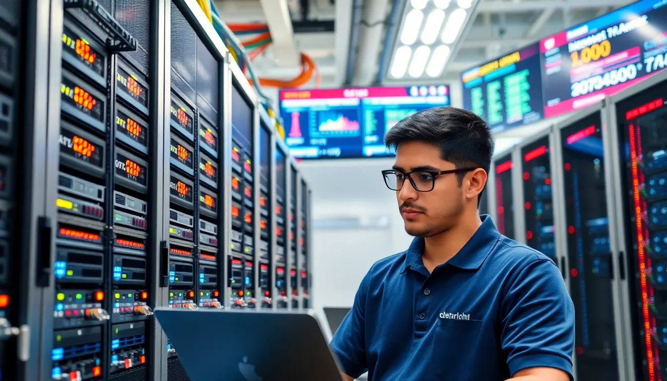 a modern data center with servers and a technician monitoring systems.
