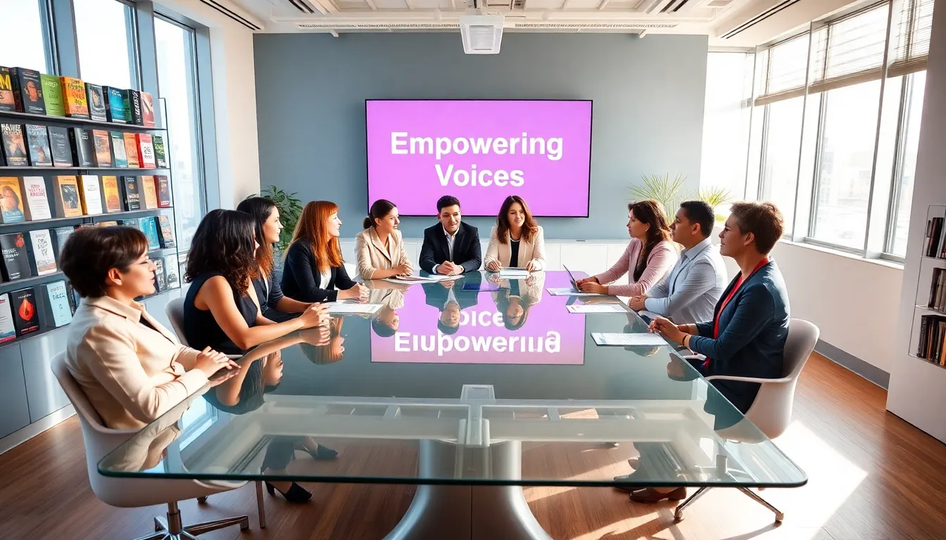 diverse team collaborating in a modern publishing office.