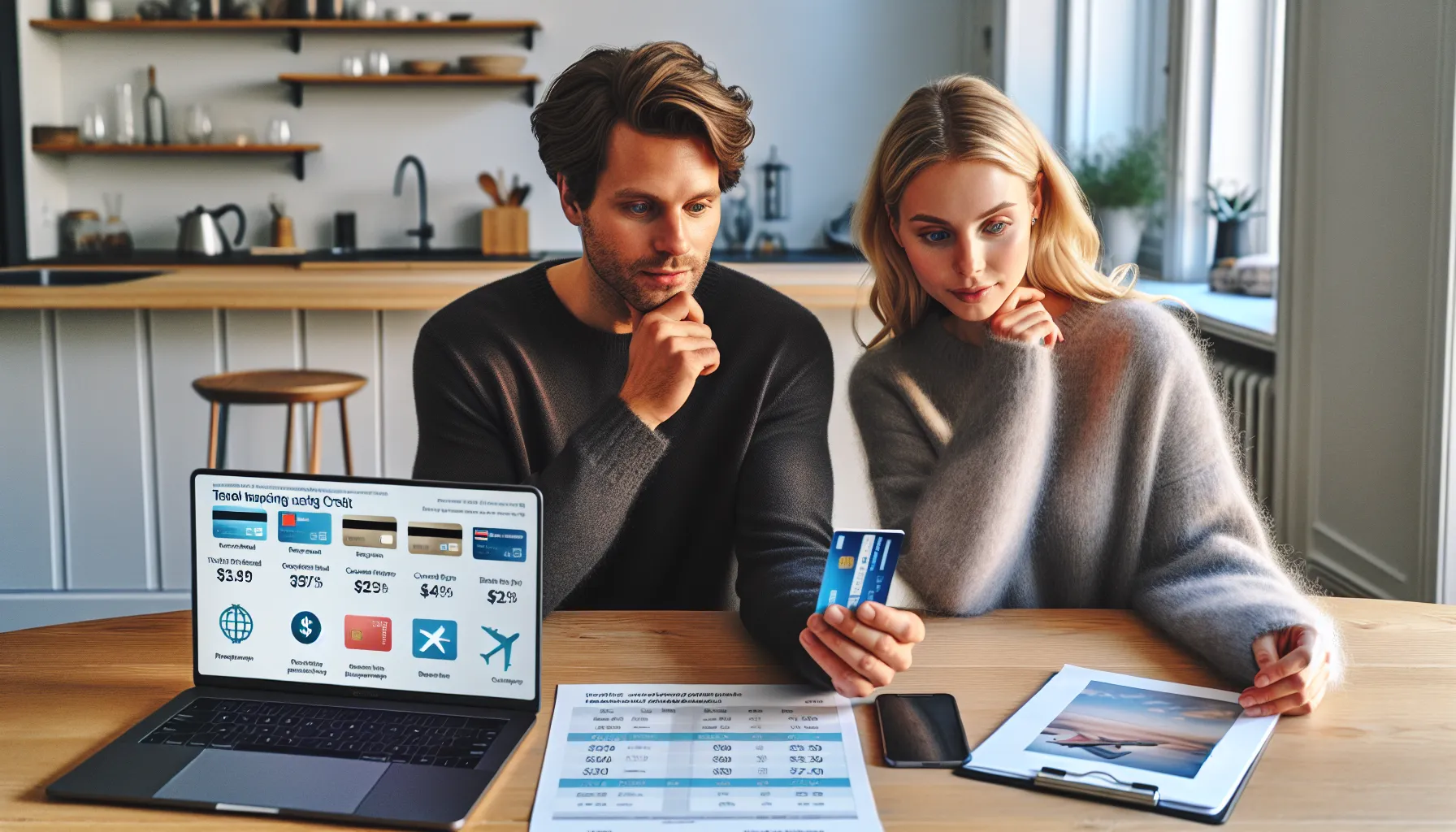 Norwegian couple comparing travel credit cards at home to cut future trip costs.