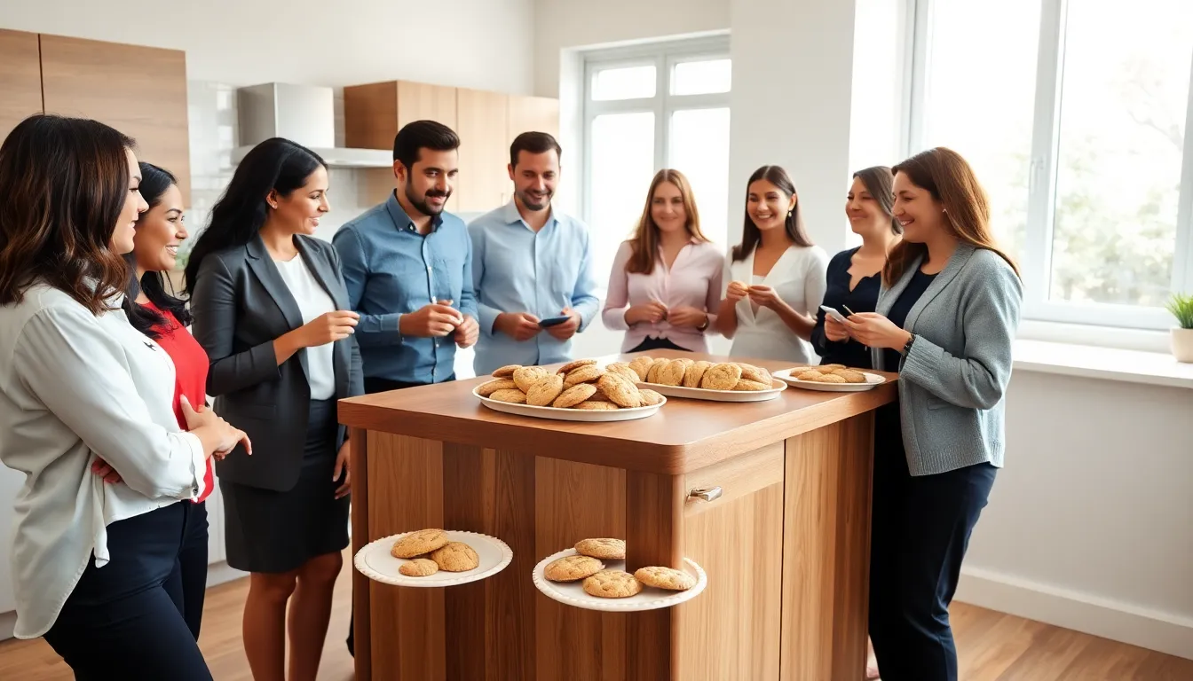 diverse team collaborating over freshly baked cookies in a bright kitchen.