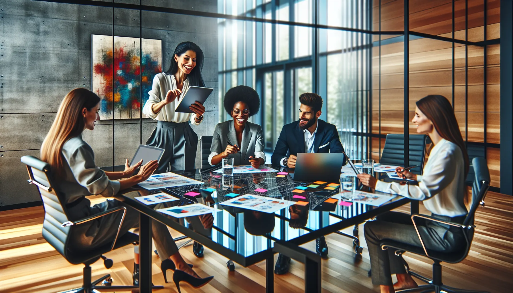 diverse professionals brainstorming in a modern conference room.