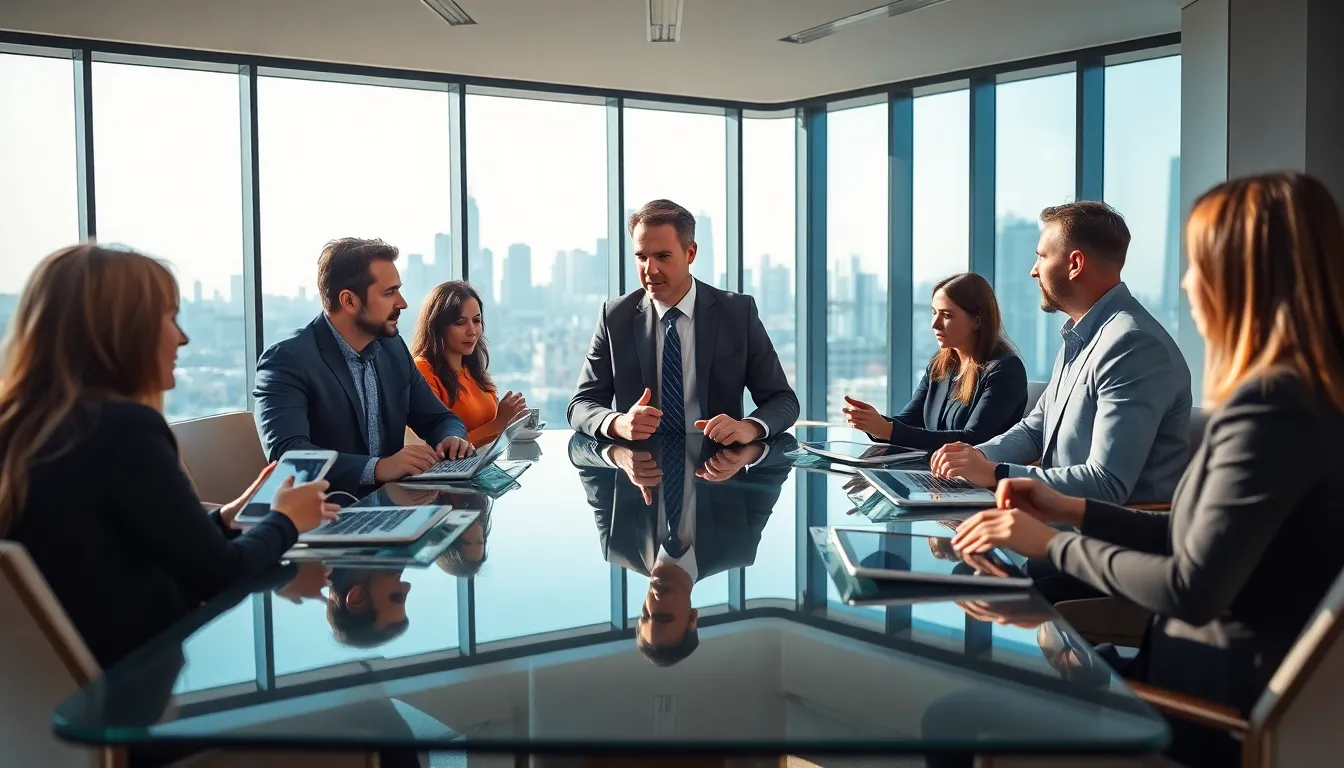 Timothy discussing real estate with clients in a modern office.