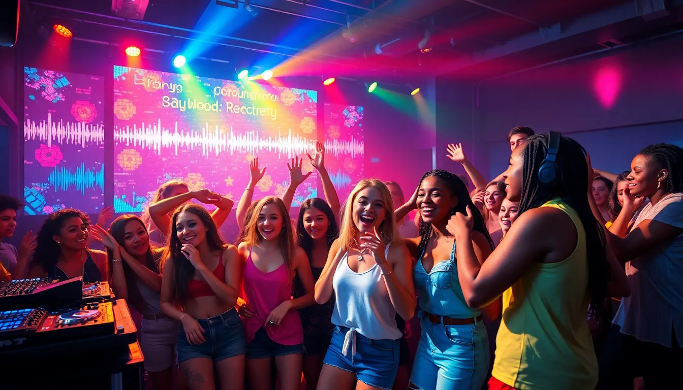 diverse group dancing at a vibrant party with DJ and colorful lights.