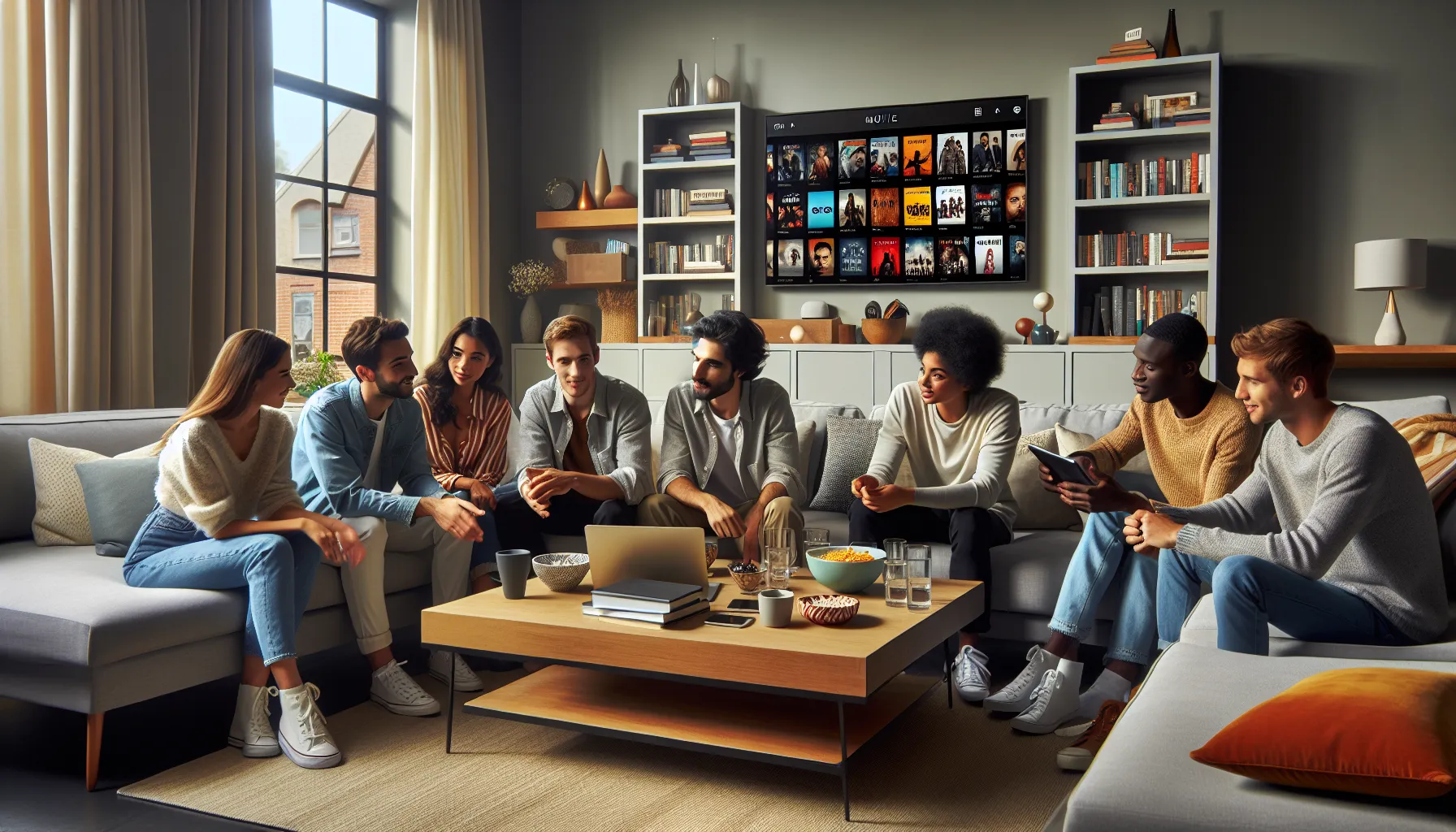 Friends discussing movies in a modern living room.