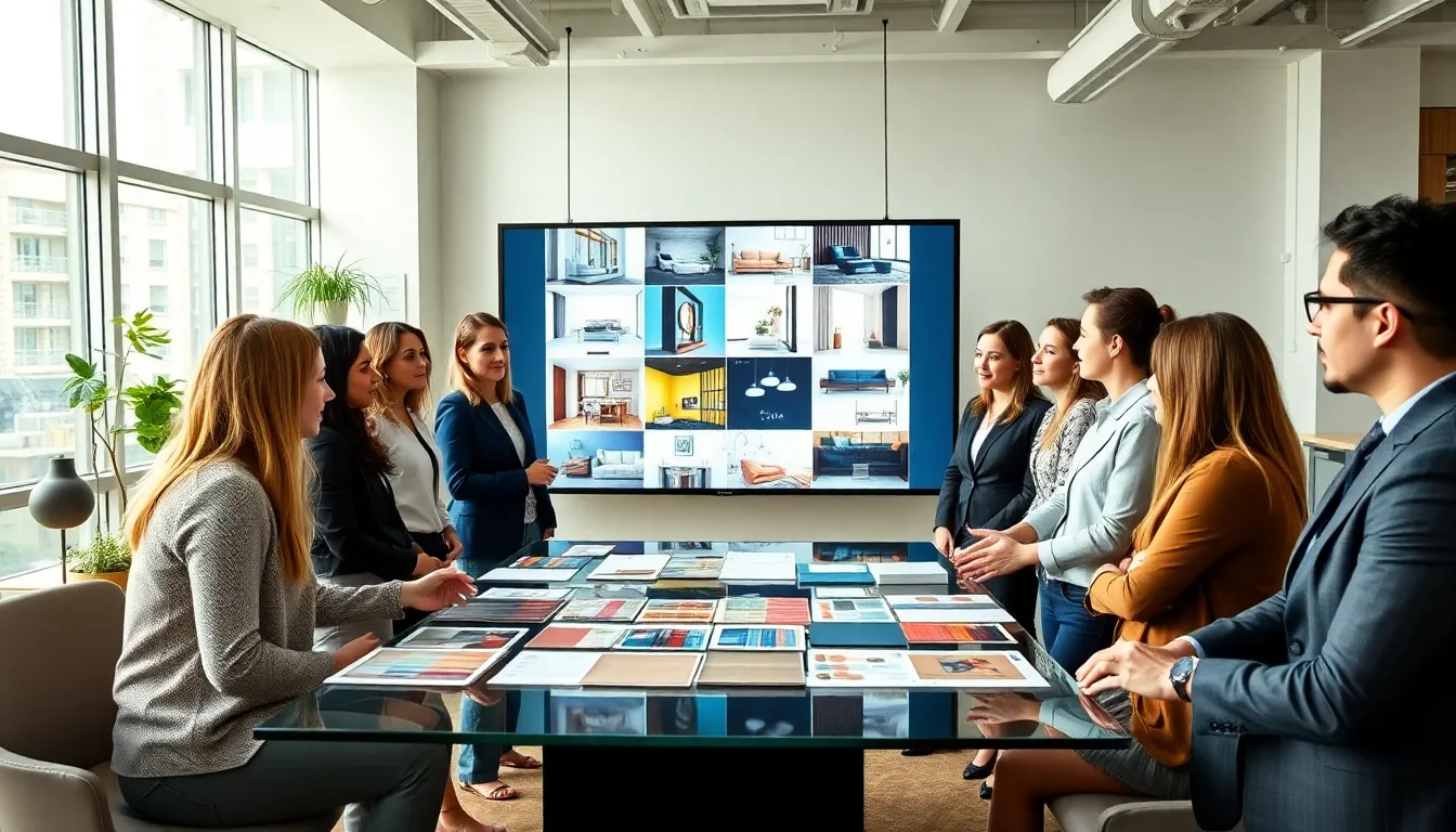 diverse group discussing interior design in a modern office.