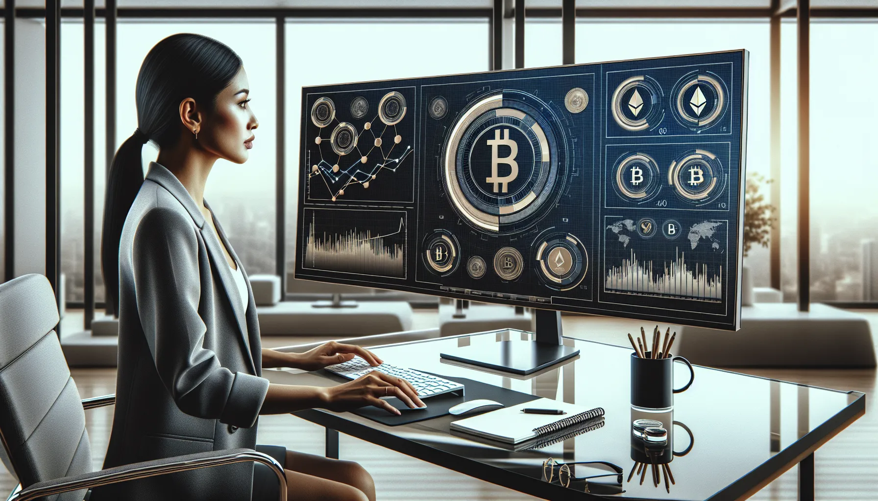 Professional reviewing cryptocurrency portfolio rebalancing dashboard with allocation charts in modern office.