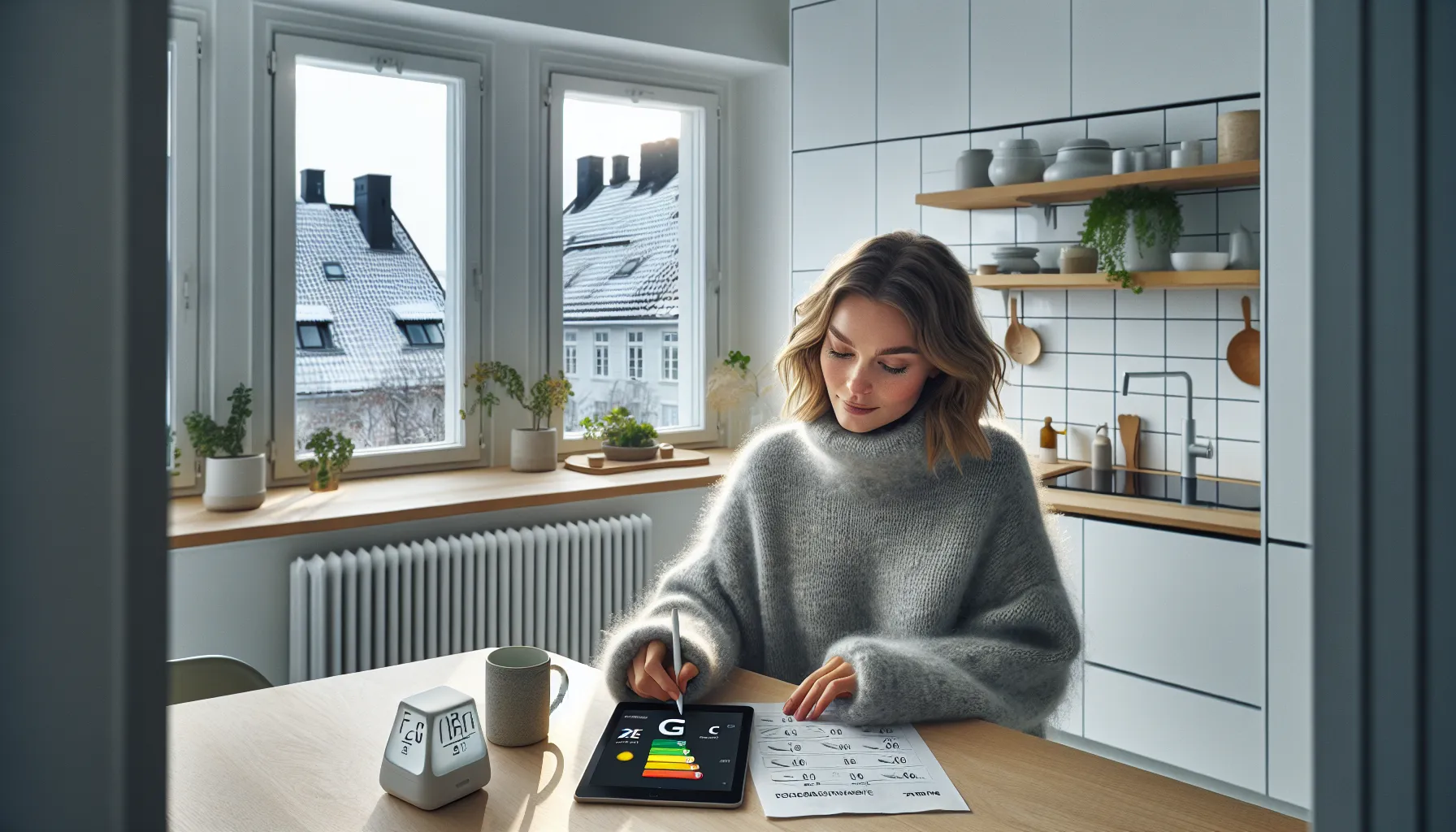 Homeowner reviews norwegian energy certificate with a–g scale on a tablet.