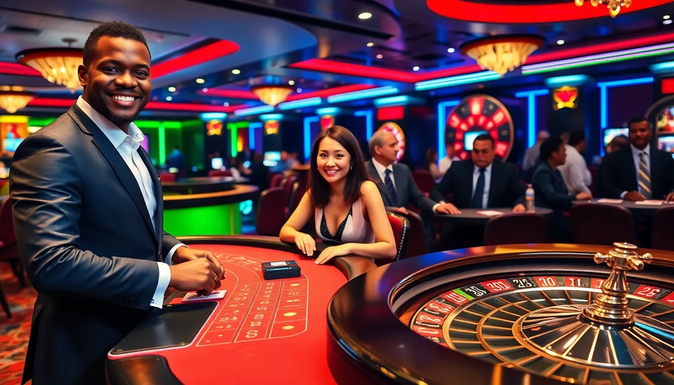 diverse players enjoying various casino table games at a lively casino.