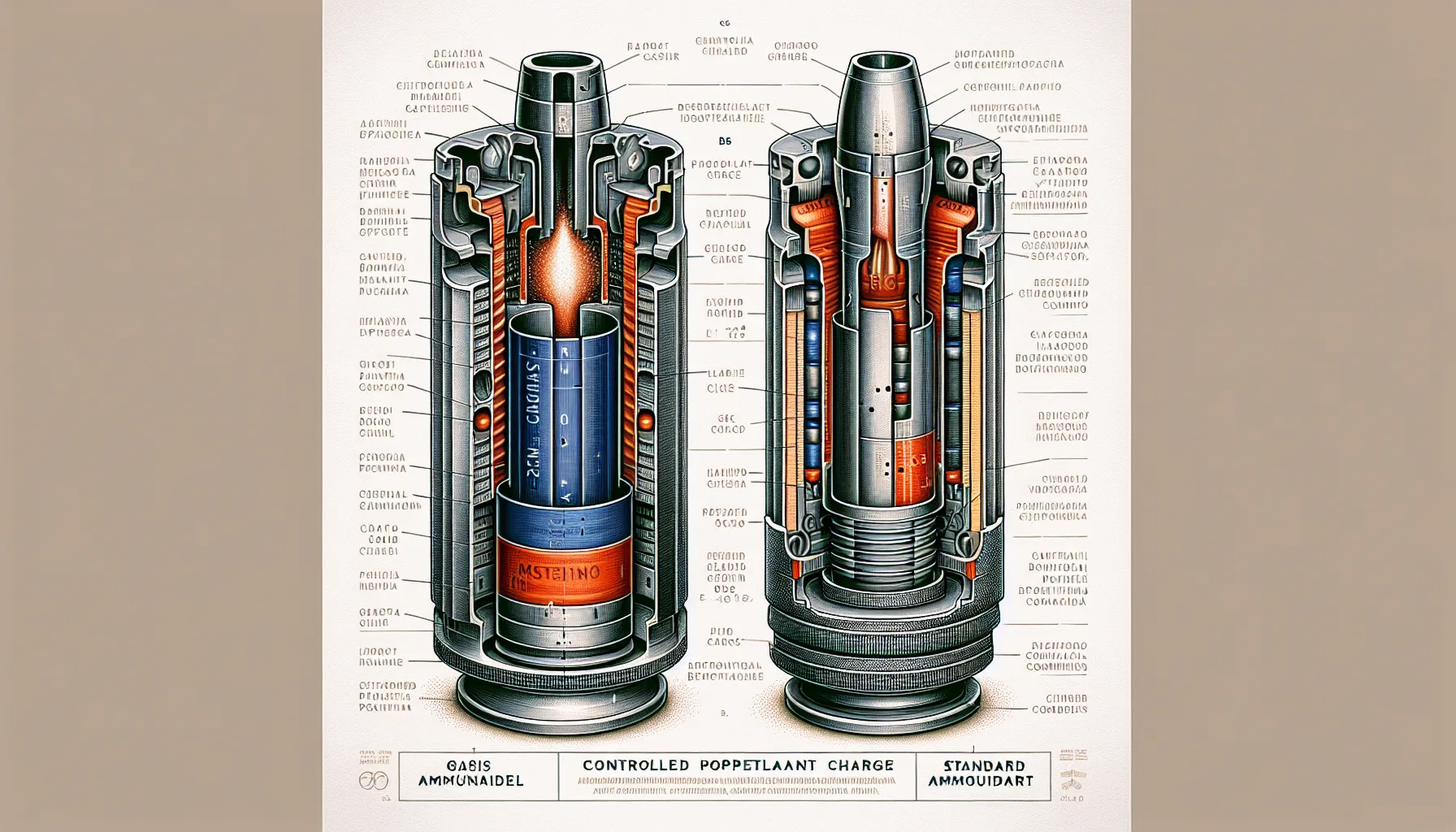 Cross-section diagram comparing gas ammunition and standard ammunition internal components
