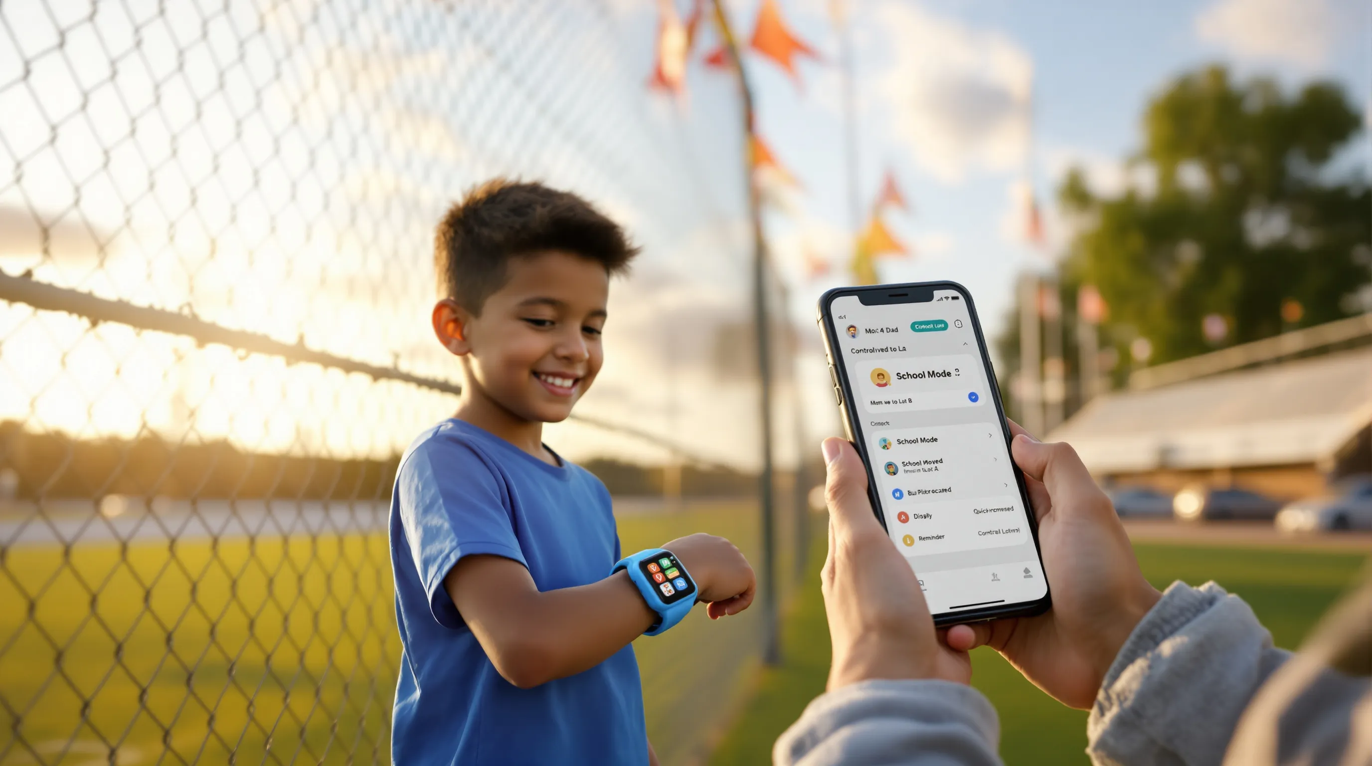 Parent manages kid’s smartwatch app while child calls at a windy soccer field.