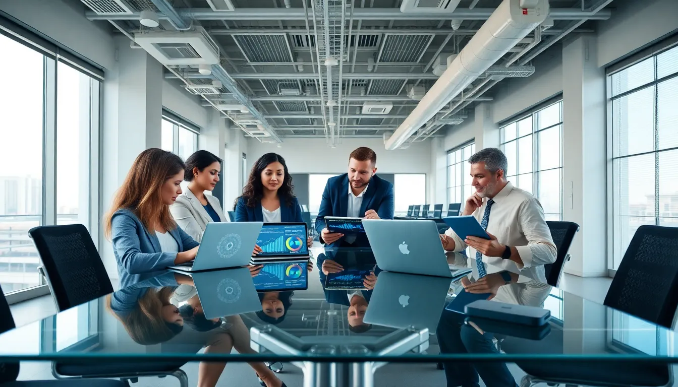 professionals collaborating on IoT solutions in a modern smart building.