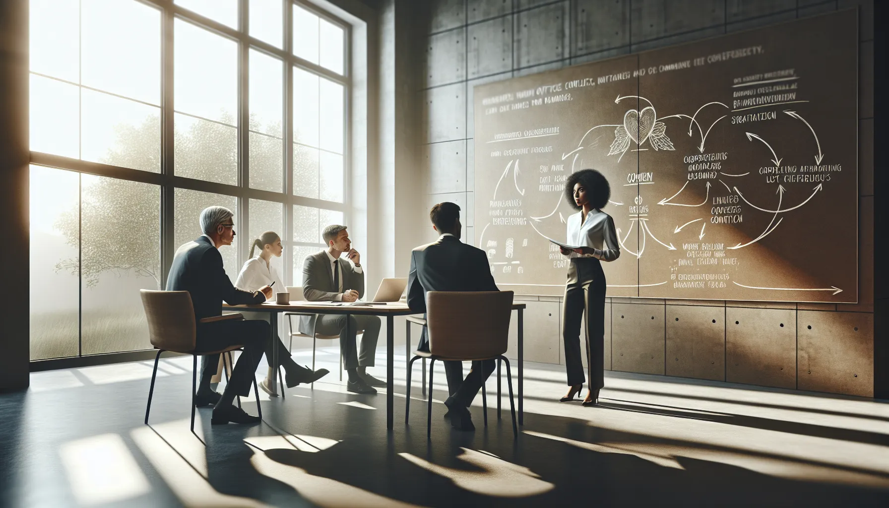 diverse team discussing steps to resolve a workplace dispute.